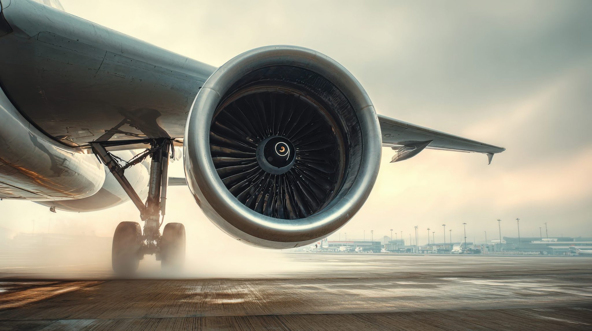 elegant photo of turbo engine of a plane awaiting takeoff at an airport copy space image.